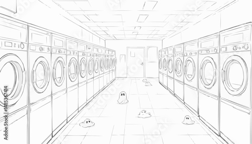 Empty laundromat coloring page with whimsical elements and playful unexpected items
