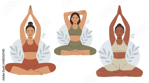 Peaceful women practicing yoga in various poses for wellness and mindfulness illustration