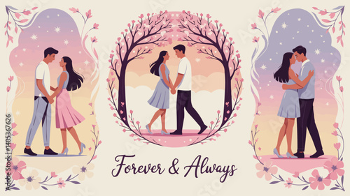 Romantic illustration of a loving couple embracing and walking together with floral elements