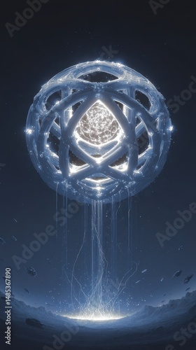 Abstract floating sphere design against a dark background.