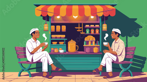 Two men enjoying tea at a traditional indian street food stall with colorful details