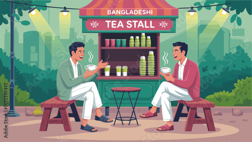 Two men conversing while enjoying hot tea at a traditional bangladeshi tea stall