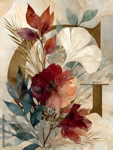 Botanical Elegance: A captivating watercolor composition showcasing a refined collection of botanicals, celebrating the delicate beauty of flowers, leaves, and foliage.