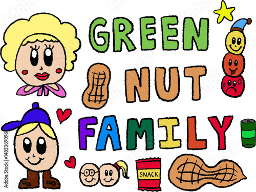 Kid drawing style vector illustrations of green nut family for decorations, cartoon, character, comic, mascot, sticker, vegan, logo, icon, chip bag, snack, grocery shopping, cute patch, brooch, toy