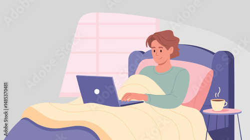 Young man working on laptop in bed enjoying coffee freelance remote work concept