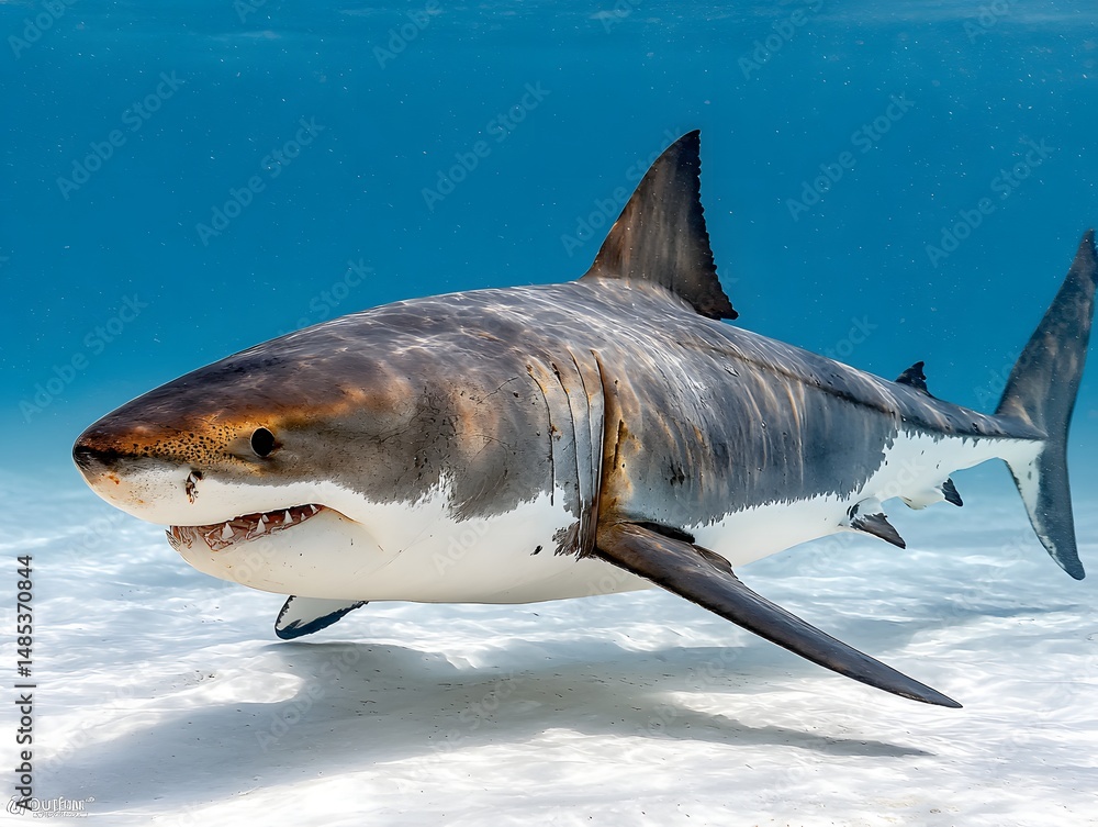 Naklejka premium Magnificent Great White Shark: A formidable great white shark gracefully glides through the clear, turquoise waters, showcasing its power and beauty in its natural environment.