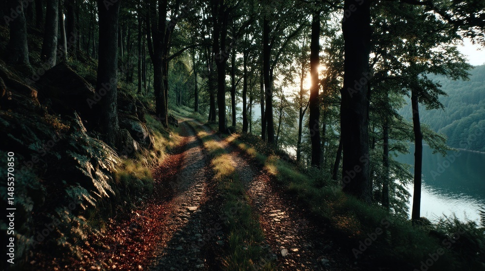 Obraz premium Forest path to lake at sunset