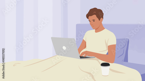 A young man working remotely with laptop computer in bed at home morning