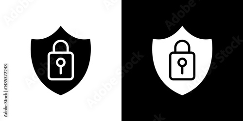Shield lock icon flat vectors set. black and white