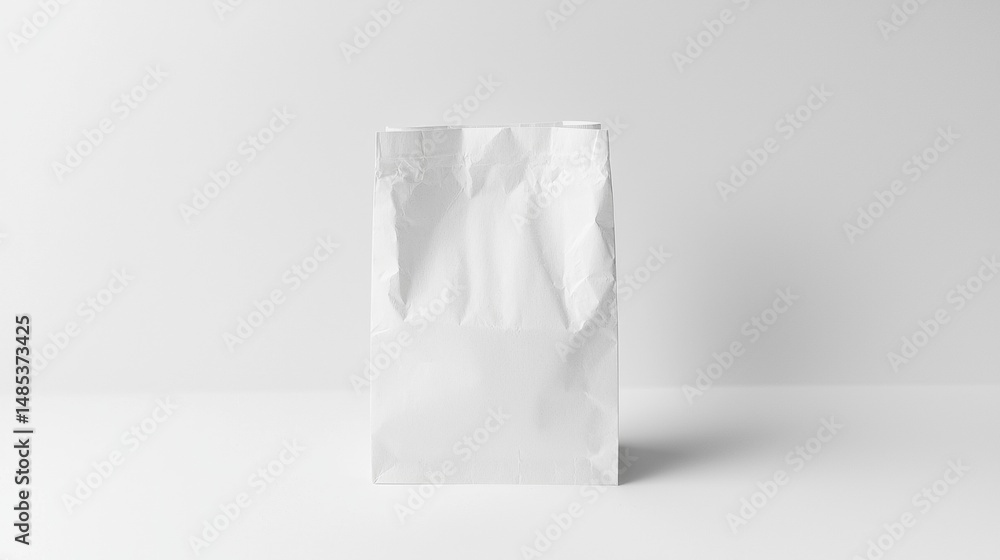 Simple white paper bag on a clean surface showcasing minimalist design in a well-lit environment Simple white paper bag on a clean surface showcasing minimalist design in a well-lit environment