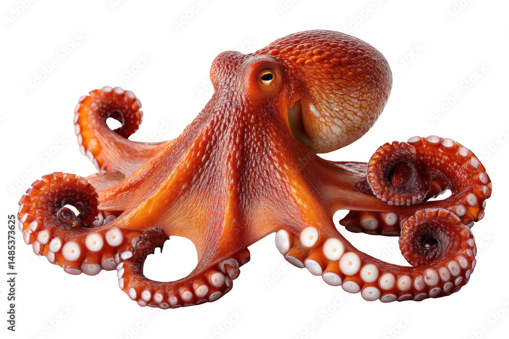 Fototapeta premium Intelligent giant pacific octopus displaying tentacle flexibility in ocean habitat, isolated on transparent background