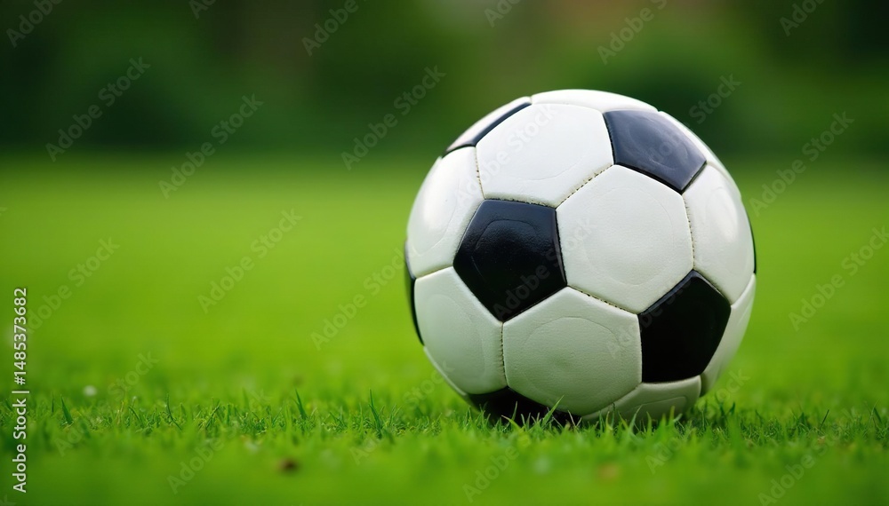 Close-up of a classic black and white soccer ball on a green field , lines, grass, field Close-up of a classic black and white soccer ball on a green field , lines, grass, field