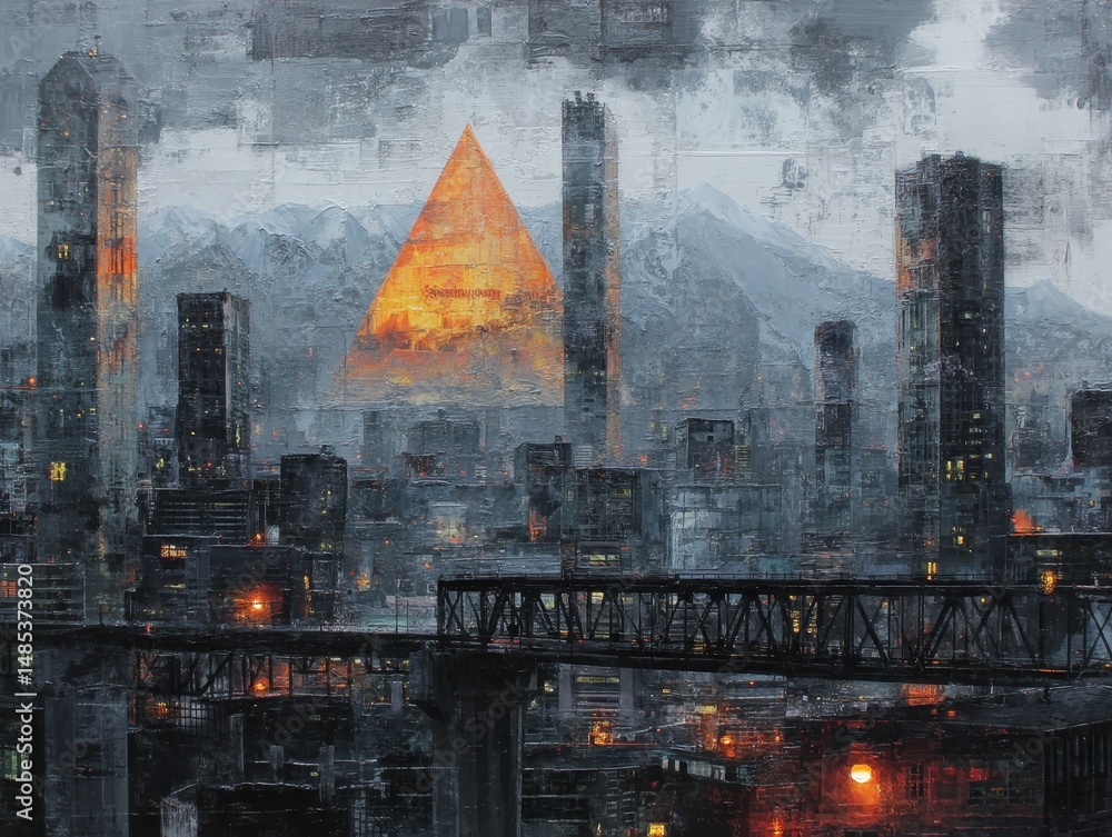 Distant futuristic city landscape with glowing pyramid. Distant futuristic city landscape with glowing pyramid.