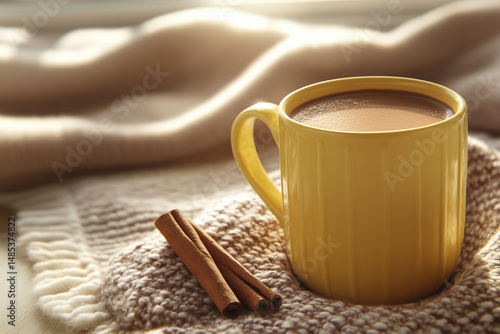 Cozy Coffee Moment: A warm yellow mug filled with a comforting beverage and a gentle cinnamon aroma rests serenely, inviting the viewer to savor the simple joys of life. 