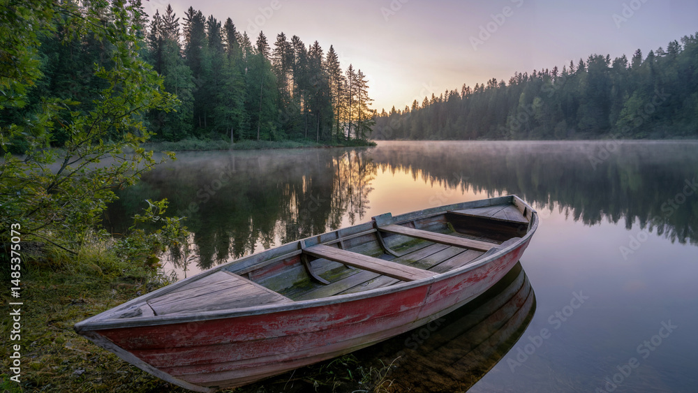 Scenic view of a rowboat on a misty lake at sunrise with dense forest reflection Scenic view of a rowboat on a misty lake at sunrise with dense forest reflection