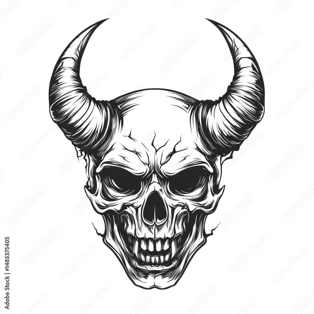 Fototapeta premium Intense, stylized skull graphic with horns.