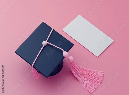 Graduation cap and blank card on pink background