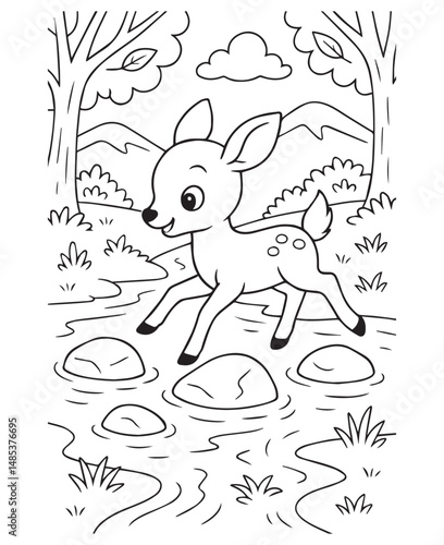 Coloring book deer, like Bambi, playfully steps across stones in a flowing stream in a forest