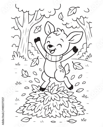 Coloring book deer wearing a scarf jumps into a pile of falling autumn leaves in a forest.