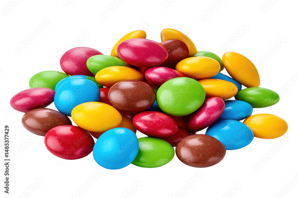 Scattered colorful candy-coated chocolate buttons in vibrant hues, isolated on transparent background Scattered colorful candy-coated chocolate buttons in vibrant hues, isolated on transparent background