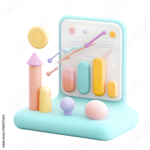 Light and playful 3D graphic display of data in pastel colors.  Abstract shapes and elements support a visualization of positive growth trends.