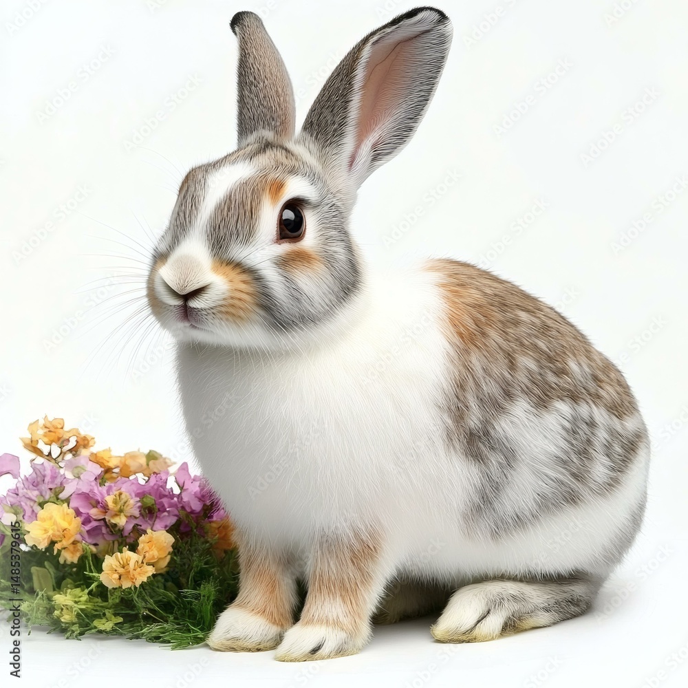 Fototapeta premium Adorable Rabbit with Flowers Close-up