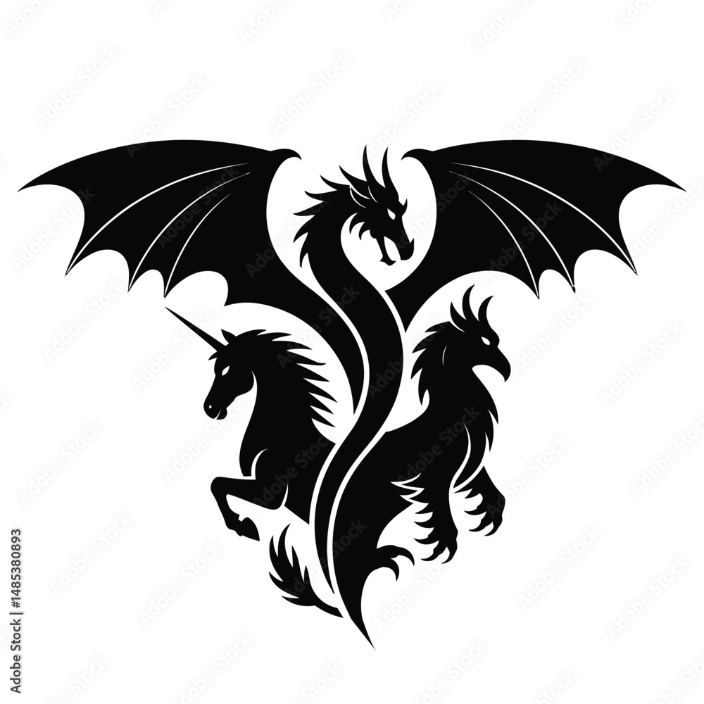 Fototapeta premium Black dragon and eagle vector tattoo design with tribal fantasy emblem