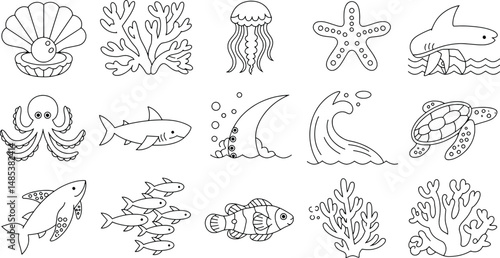 Hand drawn marine life collection featuring various sea creatures and coral reefs