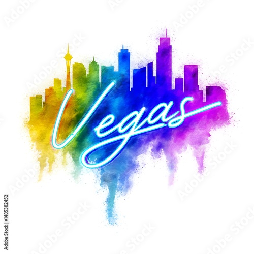 Vibrant Las Vegas Skyline in a Rainbow of Colors, Artistic Cityscape Illustration.