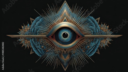 Ornate, symbolic eye design with geometric details.