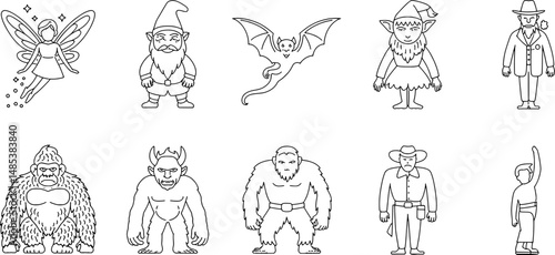 Collection of cartoonish fantasy creatures and characters drawn in a simple black outline style