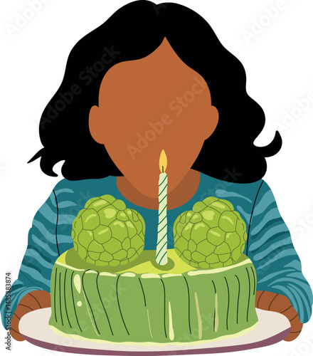 Peruvian child blowing candles on a chirimoya shaped cake