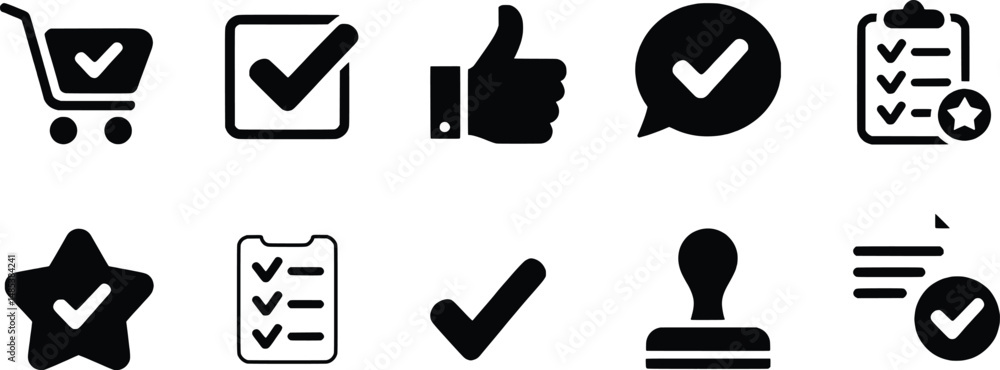 Fototapeta premium Collection of black and white vector icons representing agreement and approval symbols