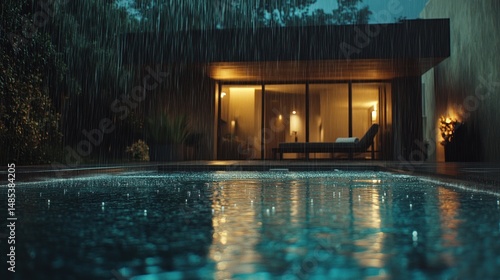 Rainstorm over a modern pool house