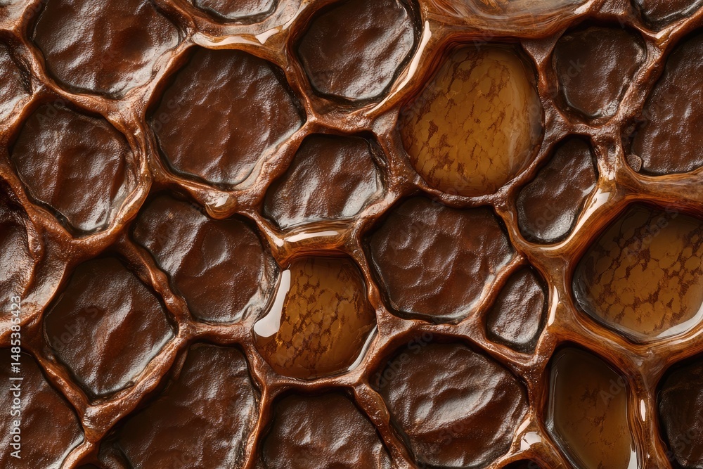 Close-up of rich, dark honeycomb filled with honey Close-up of rich, dark honeycomb filled with honey