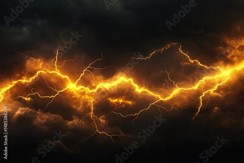 Fiery lightning streaks across a dark, stormy sky