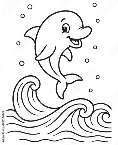 Coloring book dolphin leaps joyfully over ocean waves with bubbles around it.