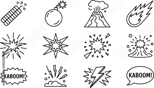 Black and white illustrated explosions and disaster elements for graphic design projects