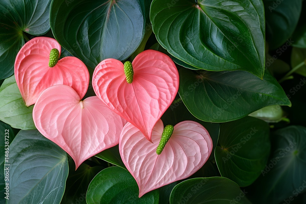 Obraz premium Close up of stunning heart shaped pink anthurium flowers with lush green leaves background