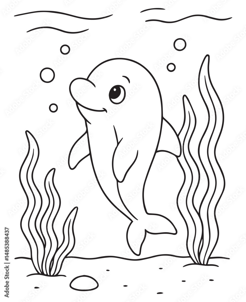 Obraz premium Coloring book dolphin swims among seaweed and bubbles in the ocean