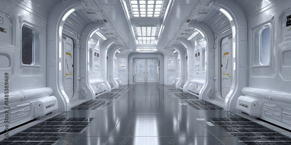Fototapeta premium 3d illustrations science interior corridor fiction fi sci scene station air lock footed space hall architecture gate design door abstract building star wars colourful earth future colours dec