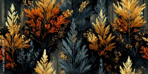 Autumnal Leaf Canopy: An intricate close-up captures the elegant dance of leaves in a stunning display of warm, autumnal colors and textures. The image radiates a sense of natural beauty.