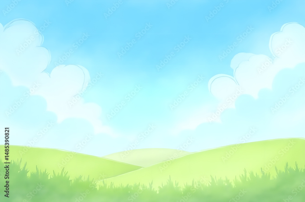 Fototapeta premium Green landscape field and blue sky illustration.generative ai