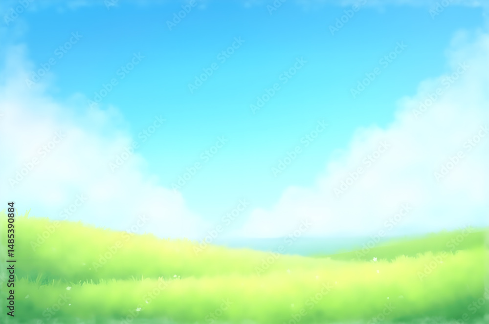 Green landscape field and blue sky illustration.generative ai Green landscape field and blue sky illustration.generative ai