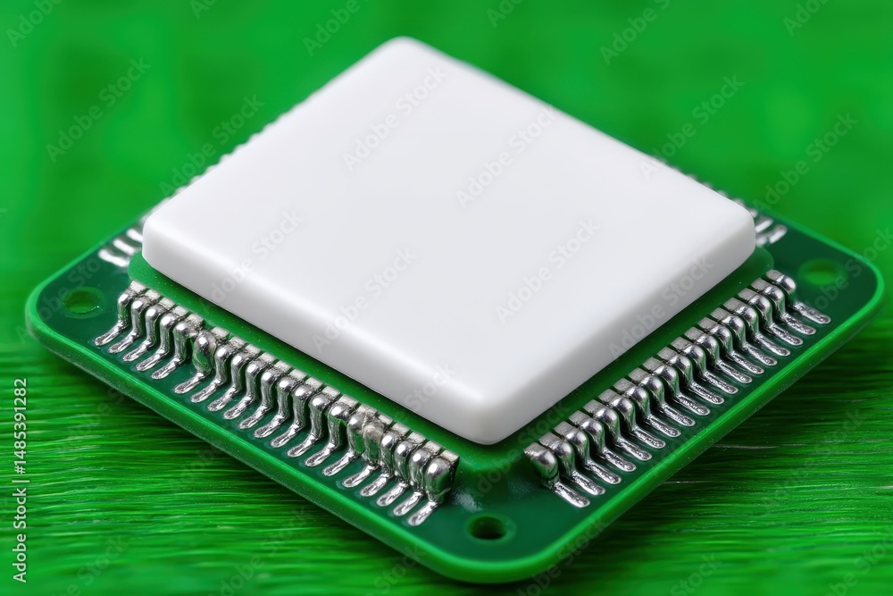 Close-up image of a computer microchip showcasing intricate metallic connections and a pristine surface reflecting light against a green backdrop designed for technological innovation Close-up image of a computer microchip showcasing intricate metallic connections and a pristine surface reflecting light against a green backdrop designed for technological innovation