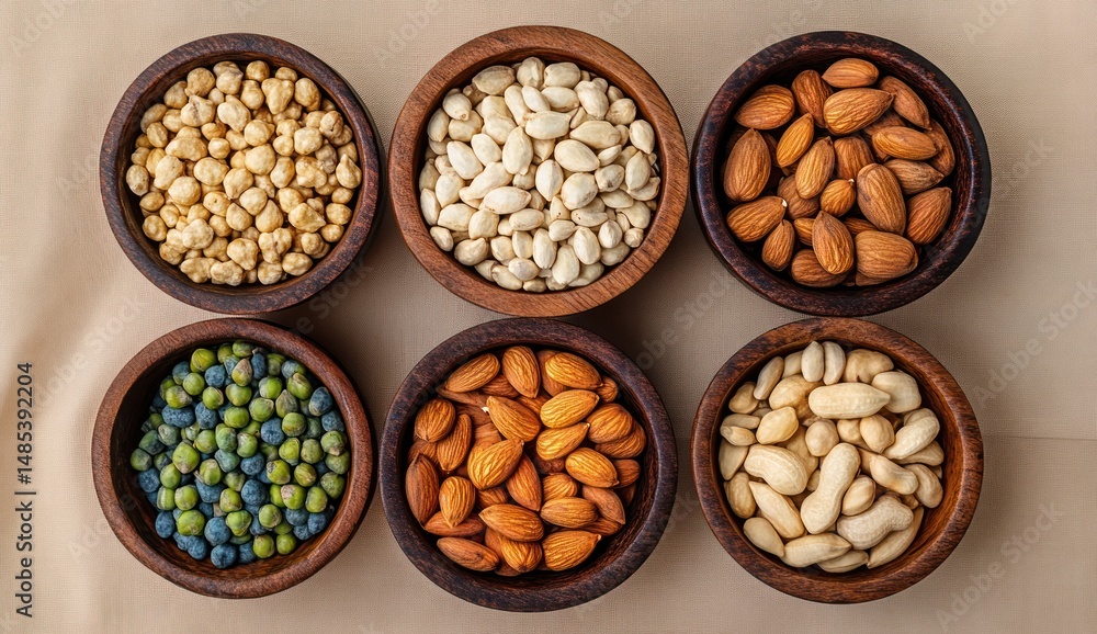 Top view of six wooden bowls filled with assorted nuts and dried peas arranged in two rows on a beige fabric surface, showcasing natural colors and textures Top view of six wooden bowls filled with assorted nuts and dried peas arranged in two rows on a beige fabric surface, showcasing natural colors and textures