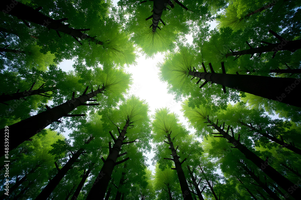 Fototapeta premium Trees below Looking up Green forest. Trees with green Leaves, blue sky and sun light. Bottom view background beautiful forest.generative ai