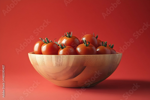Fresh tomatoes in a wooden bowl against a red background. © Muhammad