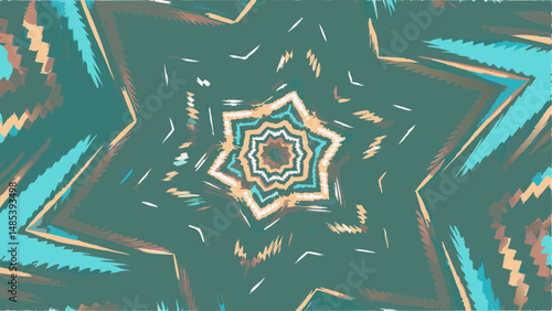 Abstract starburst design with teal and beige hues in a kaleidoscopic pattern creating a focal point