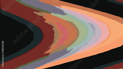 Abstract rendering featuring curved bands of color transitioning from dark to light hues on black background